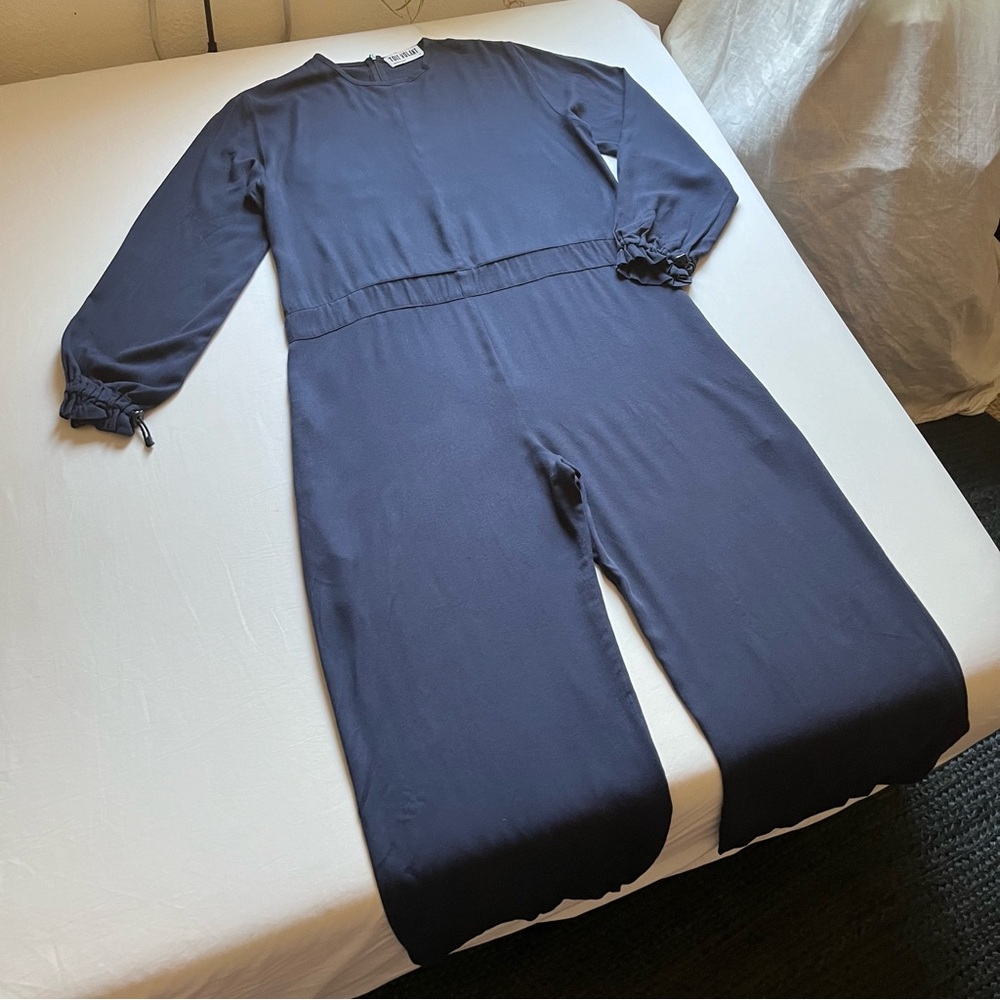 TOIT VOLANT blue rayon long sleeve‎ wide leg cropped jumpsuit